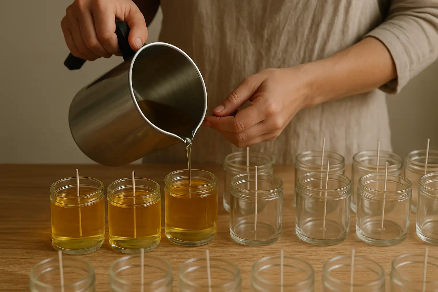 A person pours golden wax from a stainless steel pitcher into clear glass jars, each containing a thin wick.