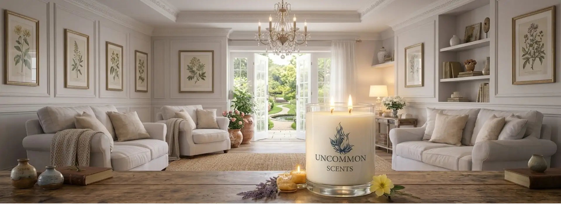 A tall, clear glass candle holder with a white wax candle inside, featuring the ’uncommon scents’ logo and leaf design in dark blue on its side.