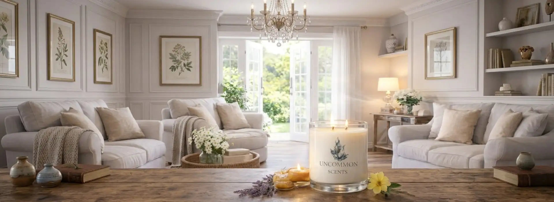 A tall, white candle with a green botanical design and the text ’uncommon scents’ on its side.