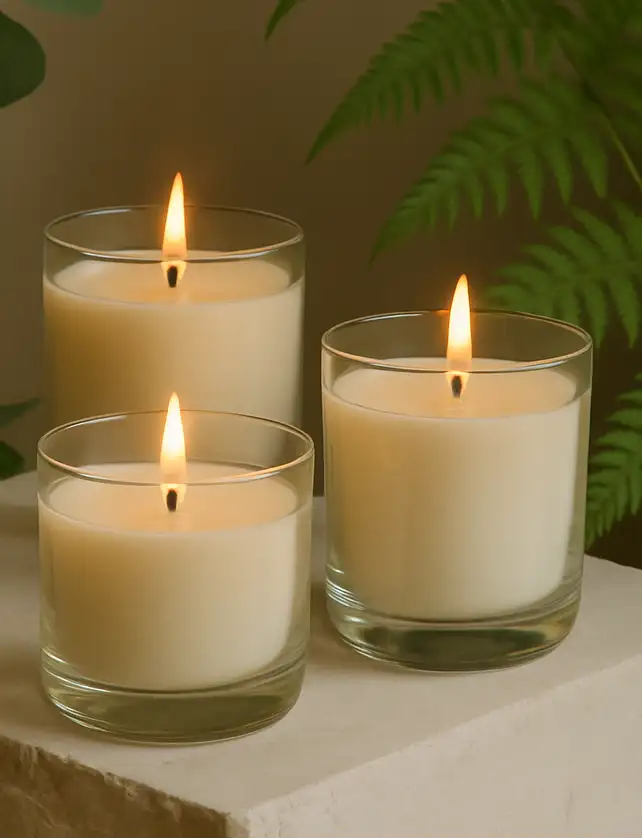 Three lit, creamy white soy candles in clear glass jars.