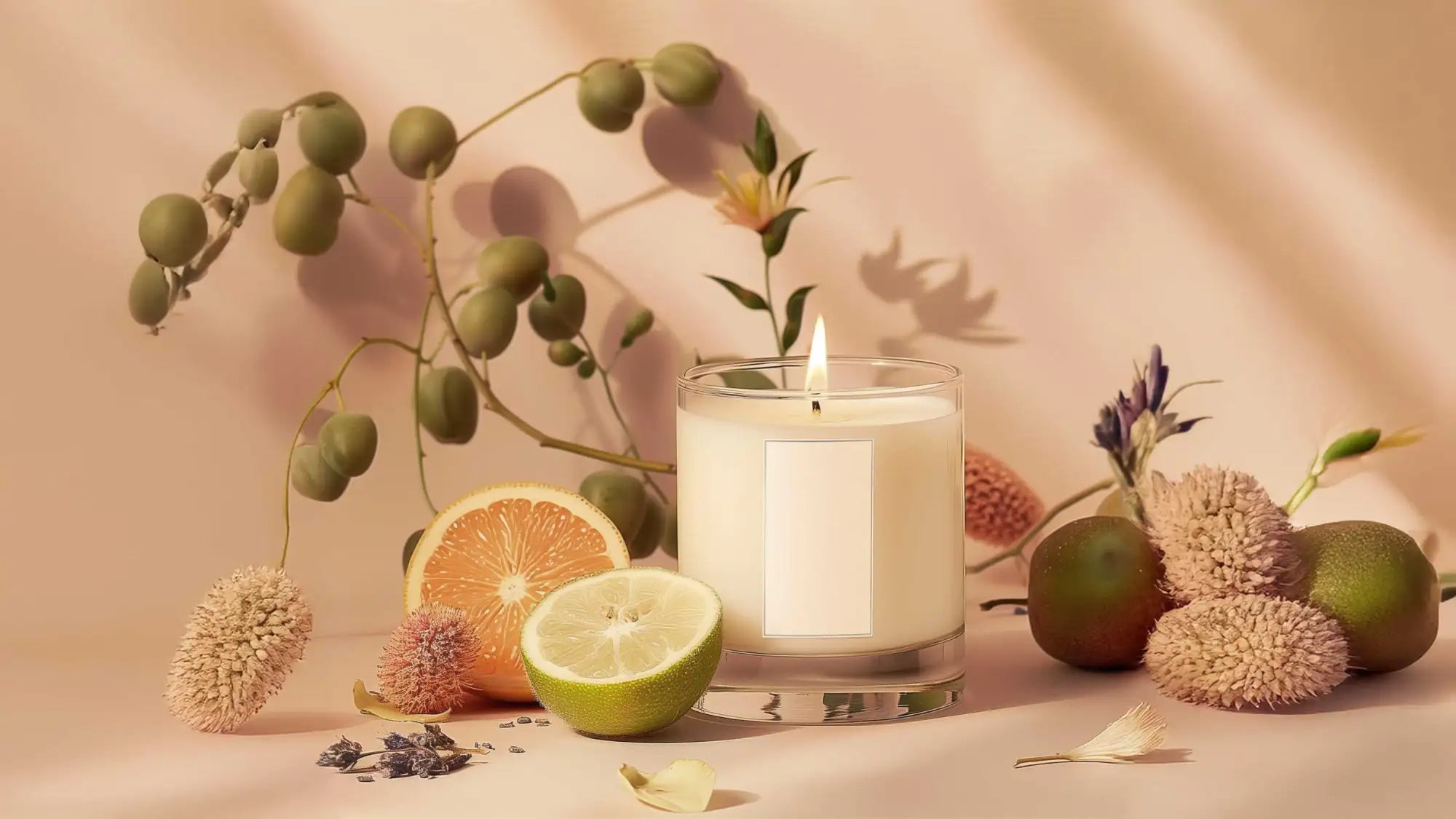 A white candle in a clear glass jar with a lit wick, surrounded by citrus slices and dried botanicals.
