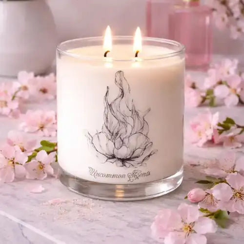 A white, double-wick candle in a clear glass jar with a delicate black line drawing of a flower and the brand name ’uncommon scents’ printed below.