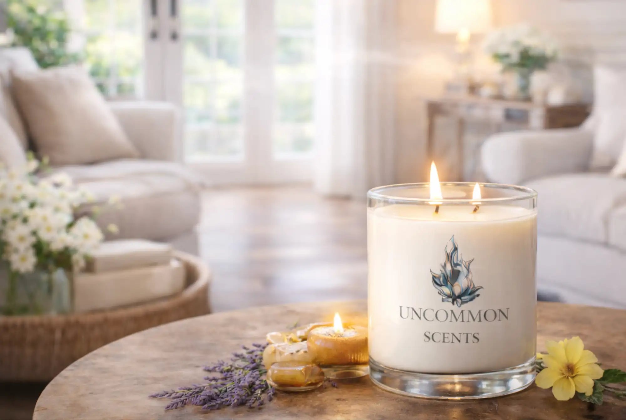 A white scented candle in a clear glass jar with two lit wicks and the ’uncommon scents’ logo on its side.