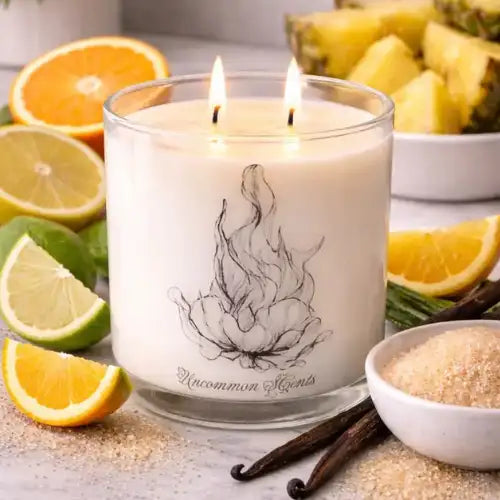 A white three-wick candle in a clear glass jar, featuring an elegant black line drawing of a flame and the brand name ’uncommon scents’ at its base.